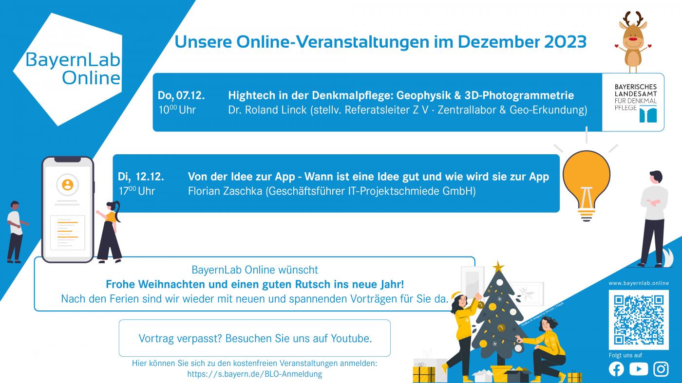 Veranstalungsgrafik von BayernLab Online; Informationen befinden sich auch im Fließtext; rechts oben ein Rentier; auf der linken Seite zwei Personen neben einem riesigen Smartphone; rechts eine Person neben einer leuchtenden Glühbirne; unten zwei Personen, die einen Weihnachtsbaum schmücken